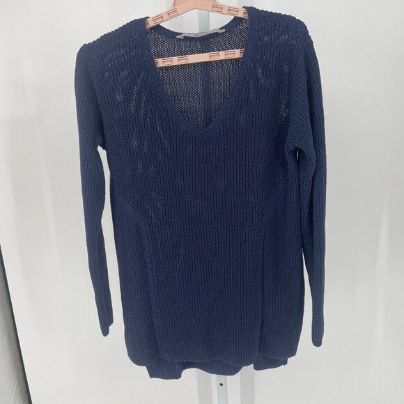 Athleta Highline Sweater Sz Large Tunic Blue V-Neck Knit Preppy Neutral Normcore - Picture 2 of 15